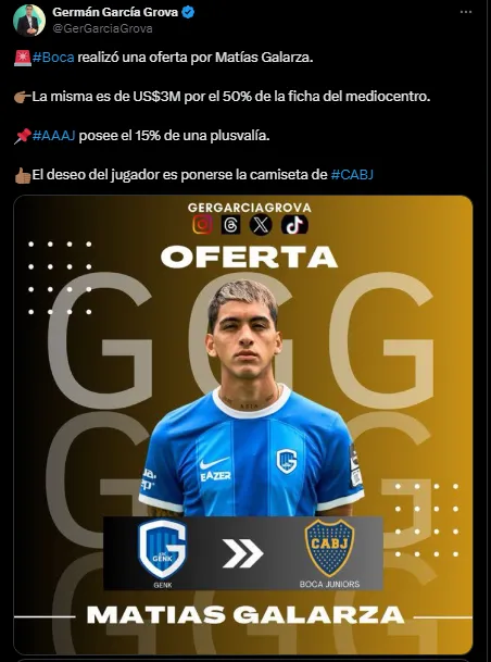 Boca ofertó por Galarza. (Captura)