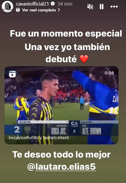 El mensaje de Cavani a Elías. (Captura)