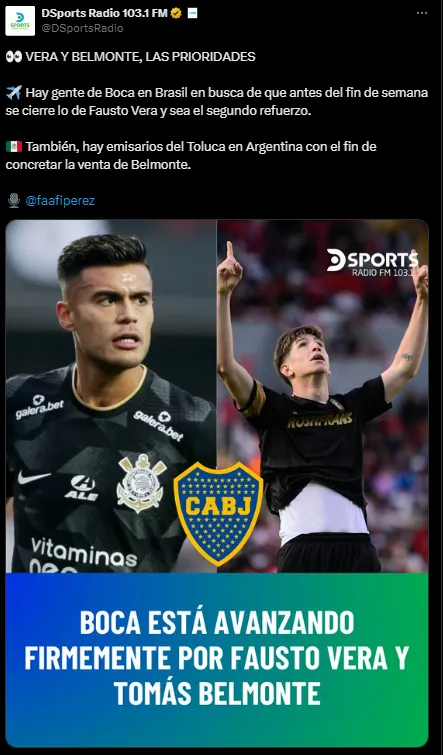 Vera y Belmonte podrían ser refuerzos de Boca. (Captura)