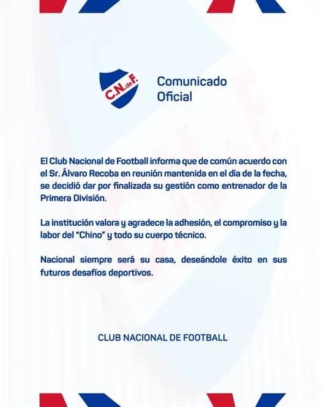 El comunicado de Nacional sobre la salida de Álvaro Recoba. Foto: @Nacional