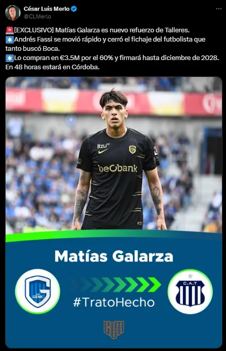 Galarza sería refuerzo de Talleres. (Captura)