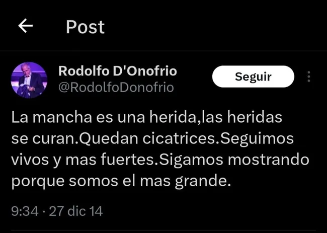 El viejo tuit de D’Onofrio sobre el descenso de River.