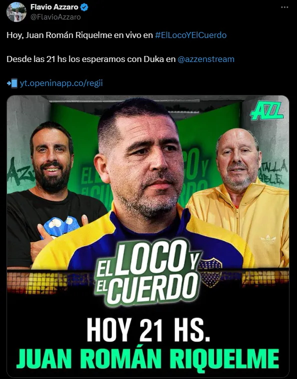 Riquelme hablará con Azzaro y Ducatenzeiler en El Loco y El Cuerdo.