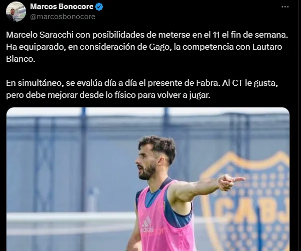 Saracchi puede ser titular en Boca ante Lanús. (Captura)