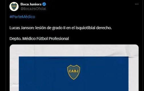 Parte médico oficial de Boca sobre Lucas Janson (Foto: Boca Oficial en “X”)