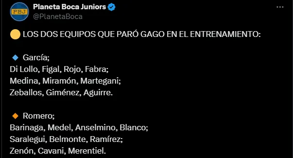 Los equipos que paró Boca en la práctica. (Captura)