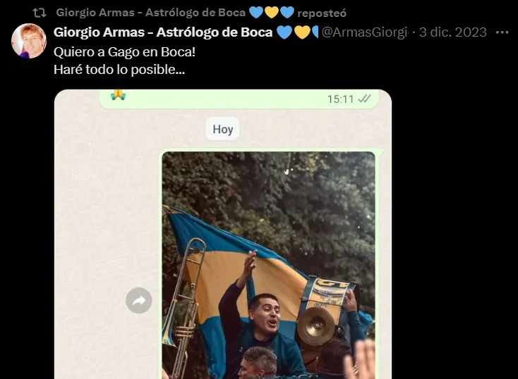 El mensaje de Giorgio Armas para Boca. (Captura)