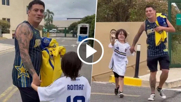 Riquelme y un lindo momento con dos hinchas de Boca.