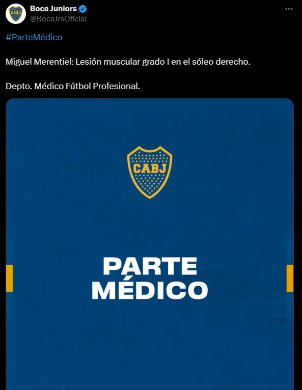 El parte médico de Boca sobre Merentiel. (Captura)