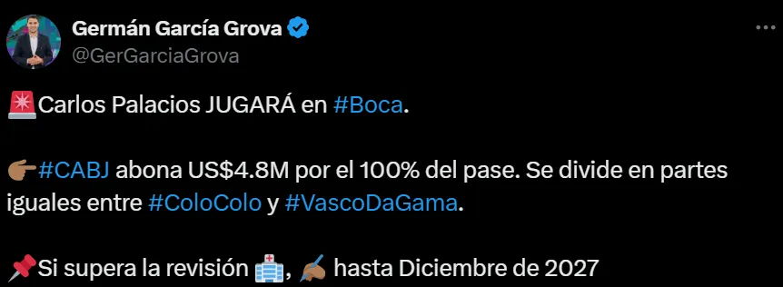 Germán García Grova reveló la cifra que pagó Boca por Carlos Palacios. (Captura).