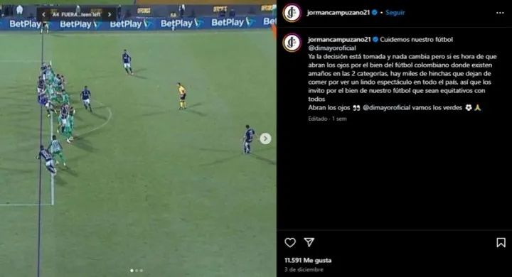 El fuerte posteo de Jorman Campuzano en sus redes sociales. (Instagram).