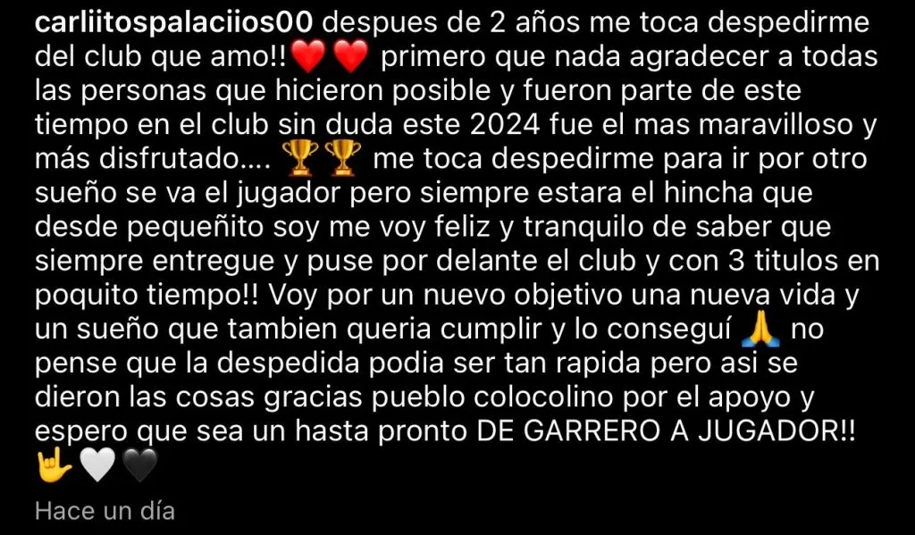 El emotivo posteo de Carlos Palacios en Instagram para despedirse de los hinchas de Colo Colo. (Captura).