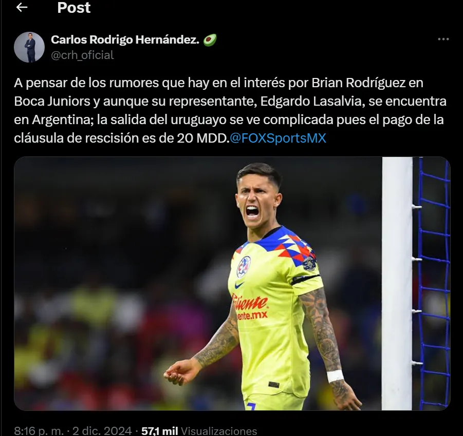20 millones será lo que tenga que pagar Boca por Brian Rodríguez. (Captura)