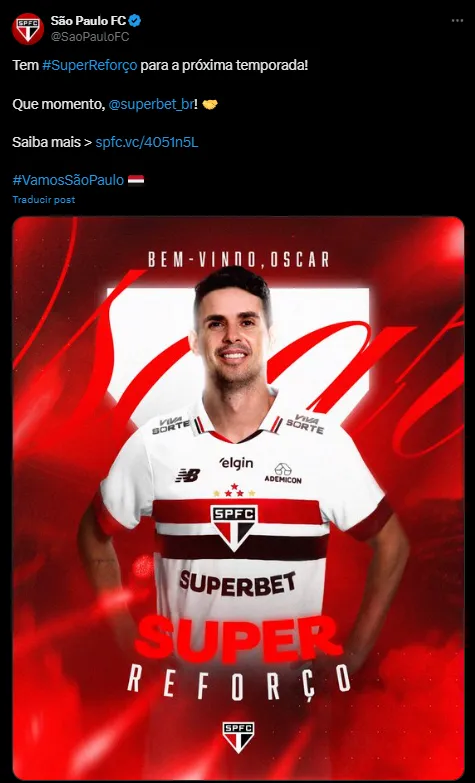 Sao Paulo presentó a Oscar en sus redes sociales.