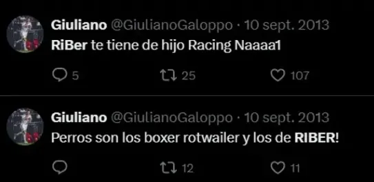 Los tuits de Galoppo en contra de River. (Captura)