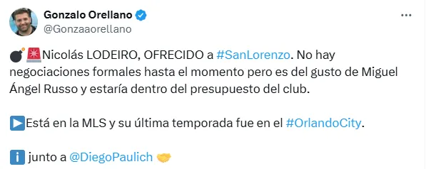 La información del periodista Orellano sobre Lodeiro.