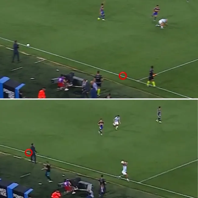La jugada del lateral en el gol de Racing (primer imagen en donde se fue la pelota y segunda imagen desde donde se hizo)