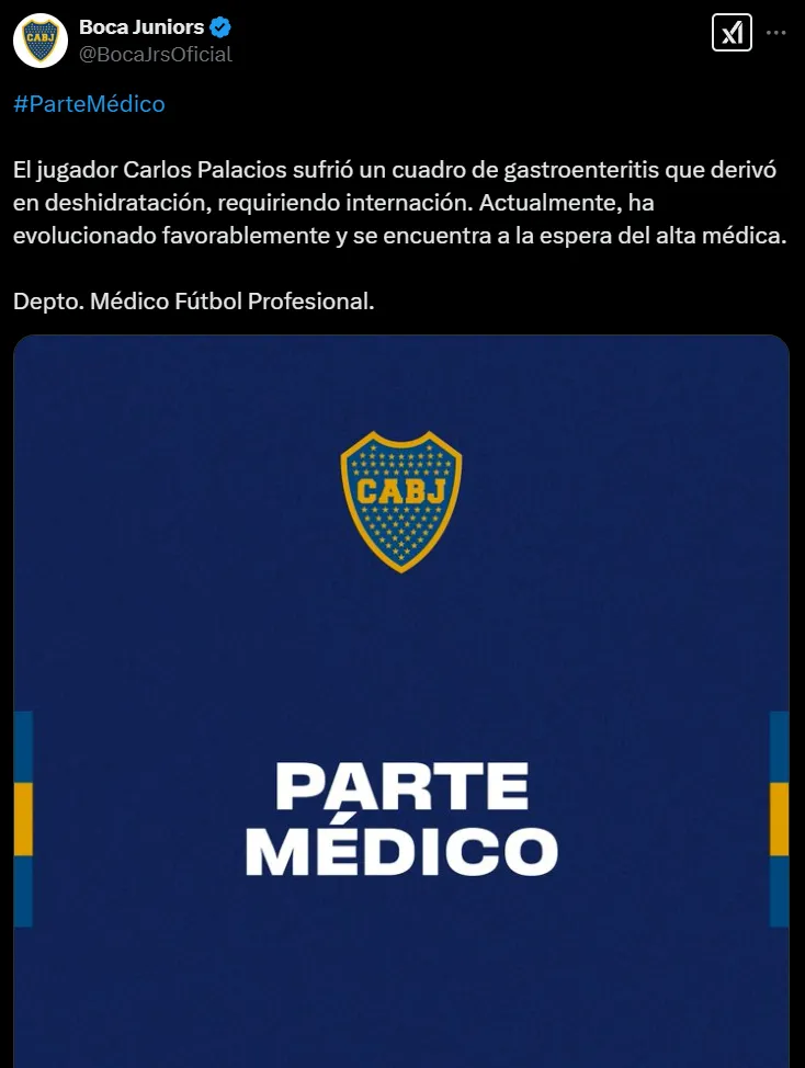 El parte médico de Carlos Palacios.