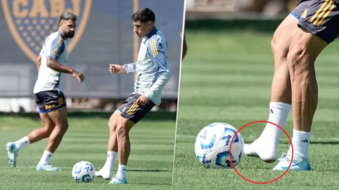 Merentiel entrenó sin uno de sus botines hace algunos días.