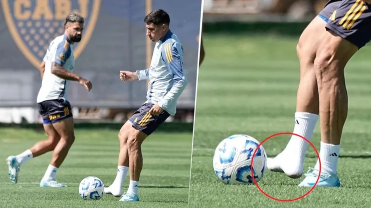 Merentiel entrenó sin uno de sus botines hace algunos días.