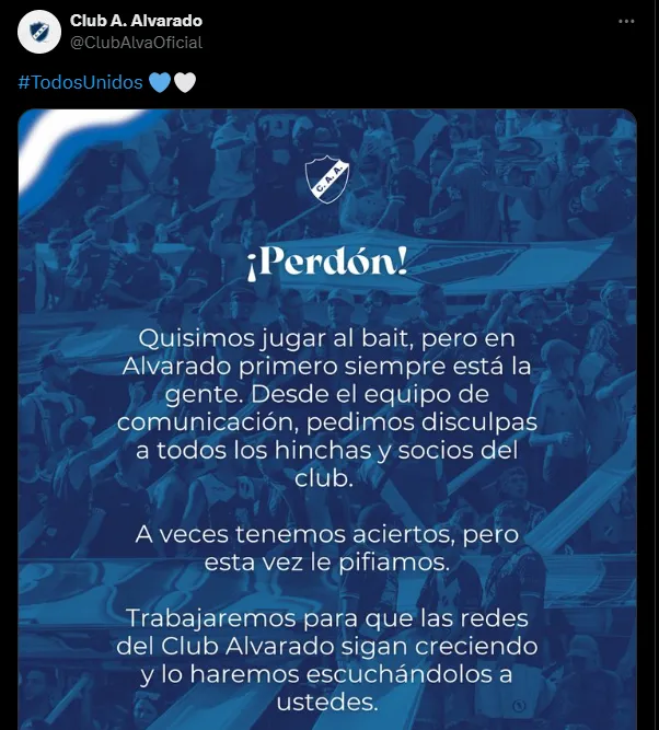El comunicado de Alvarado sobre Boca. (Captura)