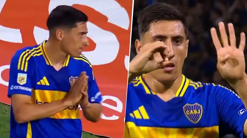 Los dos gestos que realizó Merentiel en la goleada ante Defensa y Justicia. (Captura)