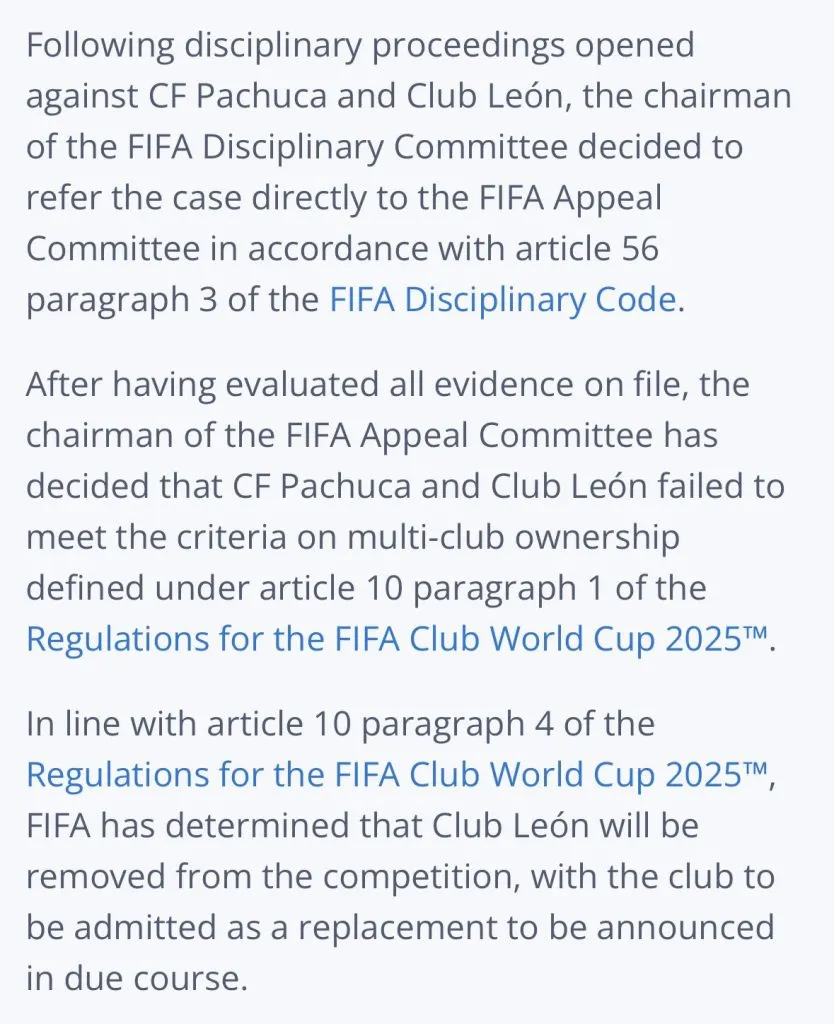El comunicado oficial de la FIFA haciendo efectiva la descalificación de León. (FIFA Oficial)