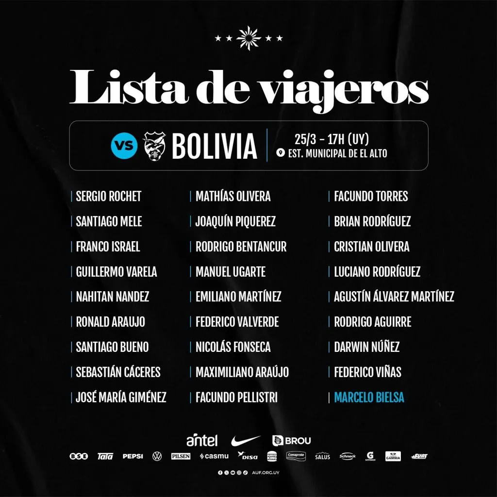La lista de Uruguay para el partido contra Bolivia (Foto: Uruguay Oficial)