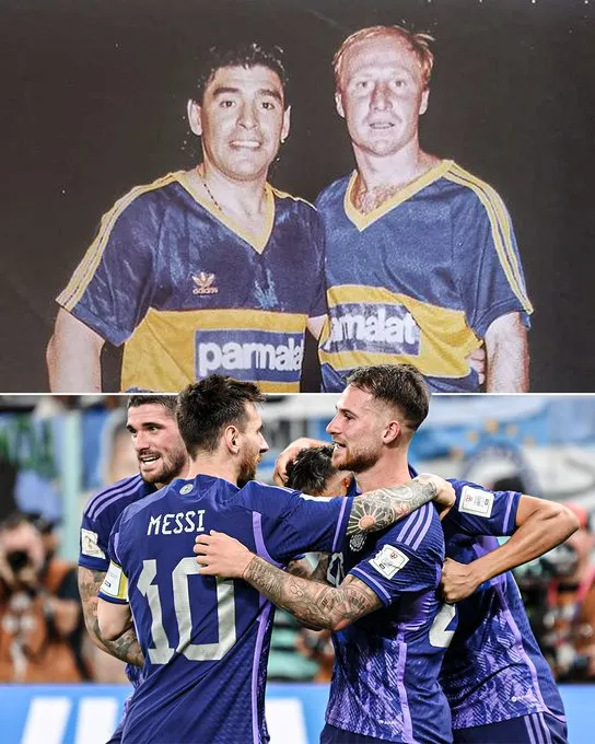 Alexis Mac Allister junto a Lionel Messi abajo y Carlos Mac Allister con Maradona en Boca, arriba (Foto: ESPN)