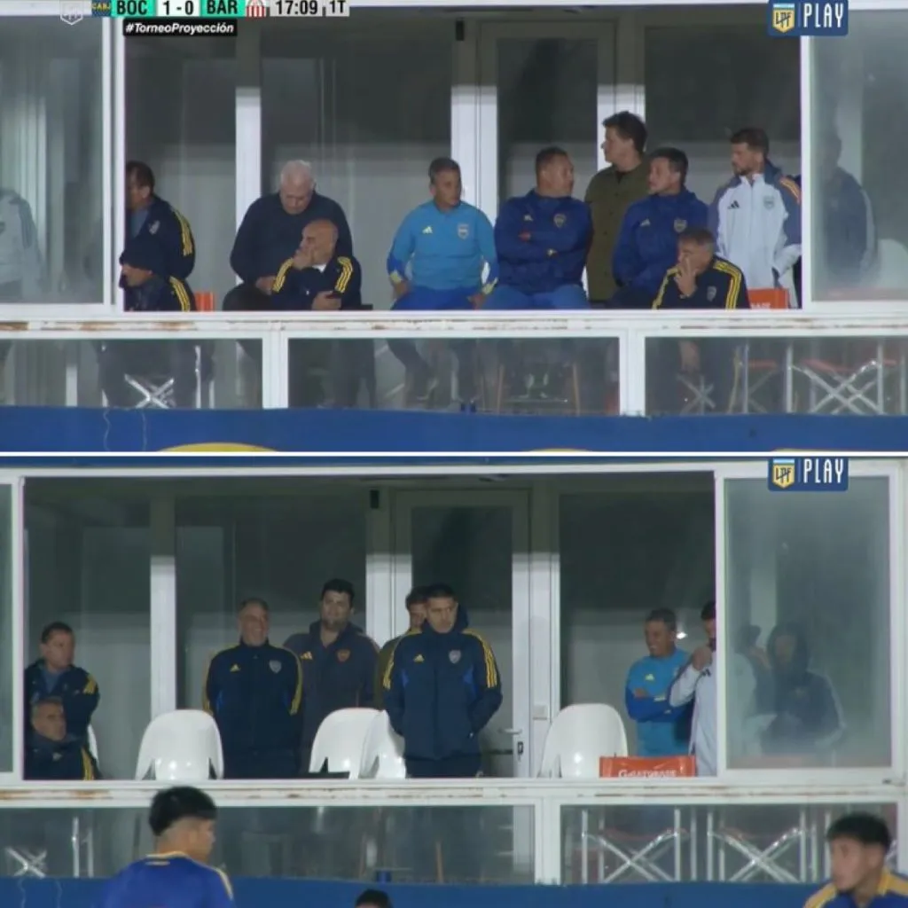 Riquelme junto a Mariano Herrón viendo a la Reserva. (Captura)
