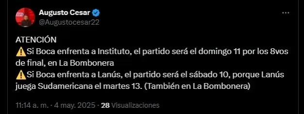 Captura del “X” del periodista Augusto César