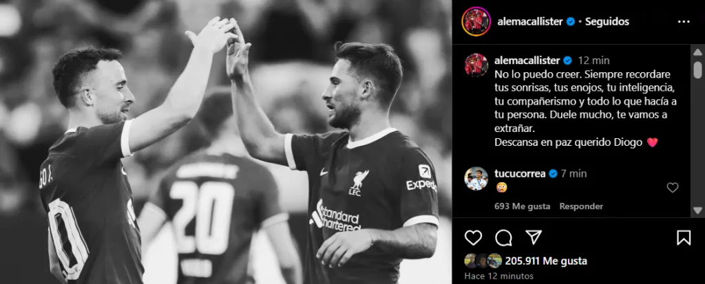 El posteo de Alexis Mac Allister para Diogo Jota. (Captura)