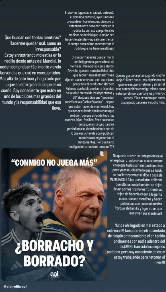 La fuerte historia de Palacios en Instagram. (Captura)