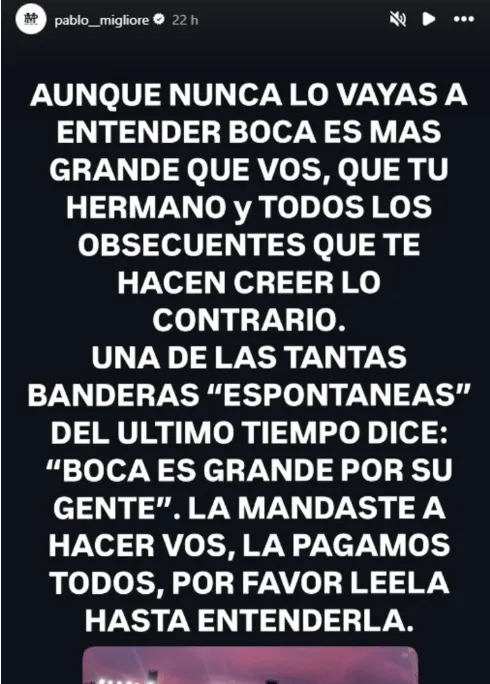 La historia de Migliore en Instagram. (Captura)