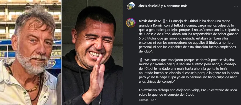 La defensa del dirigente de Boca a Serna y Cascini. (Instagram)