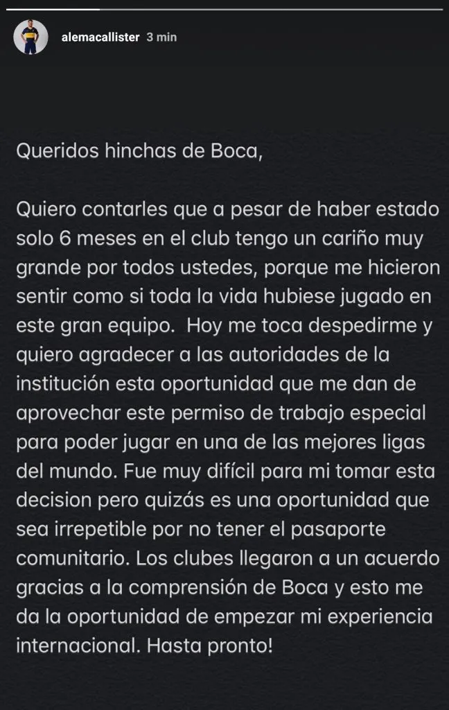 La despedida de Mac Allister en 2020, muy diferente a lo que contó en la entrevista. (X)