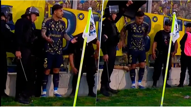 Dos hinchas tocaron a Paredes en el córner.