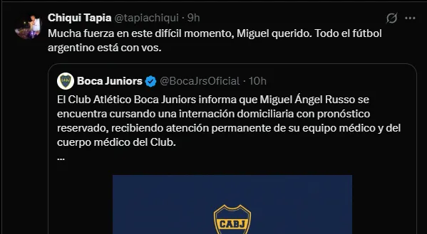 El posteo de Tapia para apoyar a Russo. (Captura)