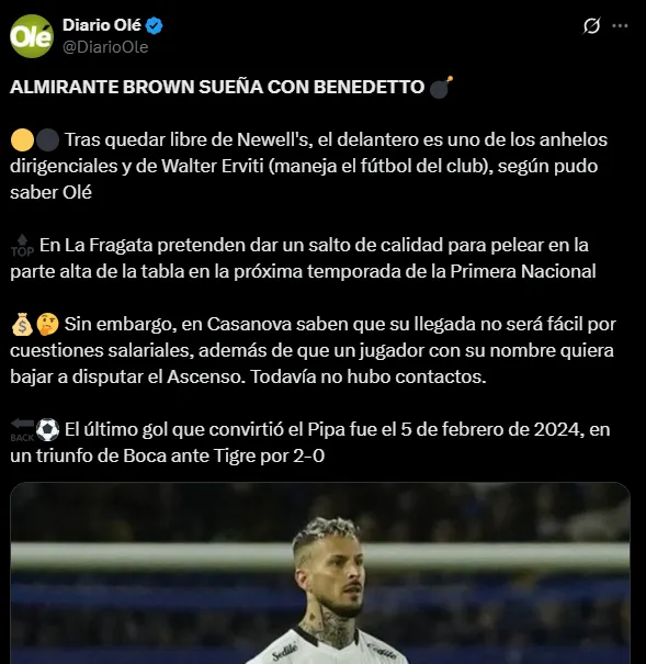 Almirante Brown quiere a Benedetto. (Captura)