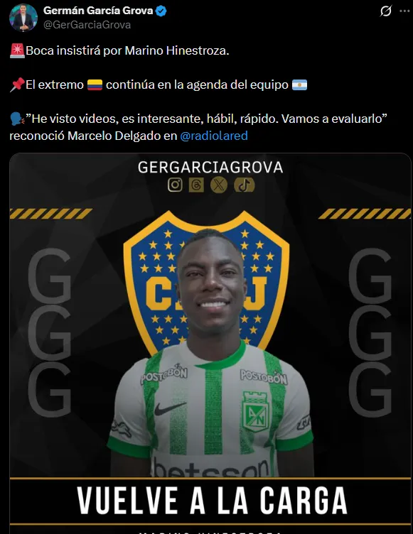 Boca buscará a Hinestroza. (Captura)