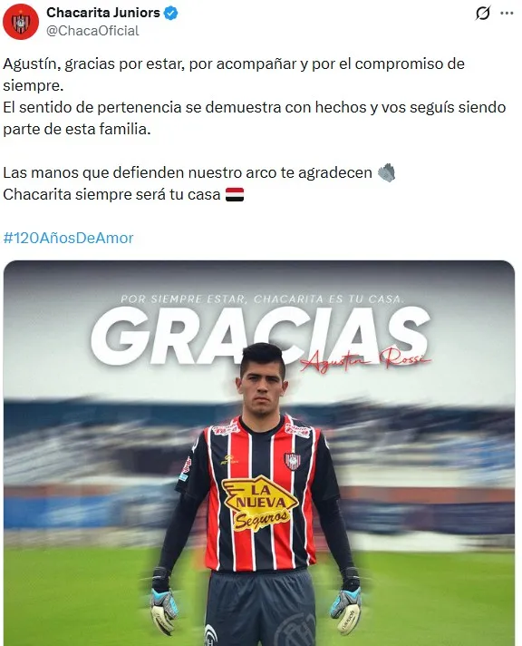 El posteo de Chacarita para Agustín Rossi.