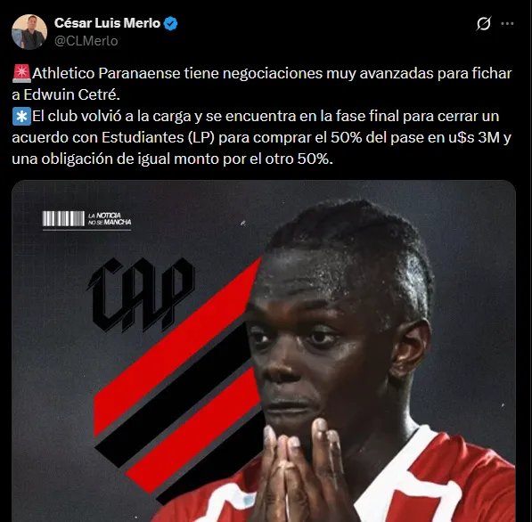 Paranaense quiere a Cetré. (Captura)