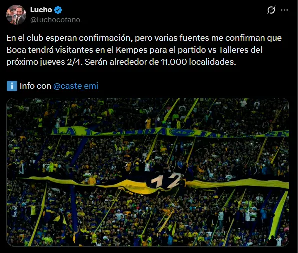 Los hinchas de Boca podrían estar presente ante Talleres en Córdoba. (Captura)
