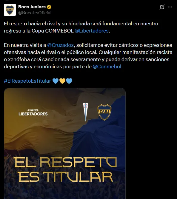 El mensaje de Boca en redes. (Captura)