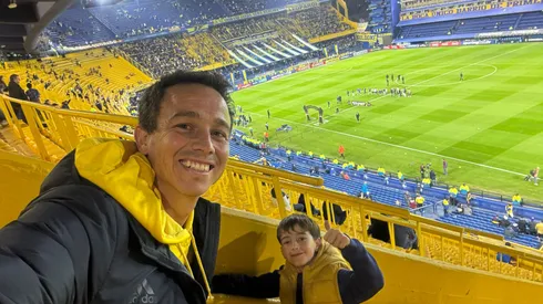 Leo Jara en La Bombonera junto a su hijo.