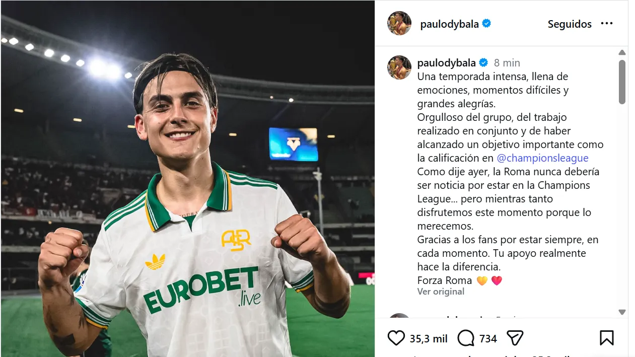 El posteo de Dybala en Instagram tras el final de la temporada. (Captura)