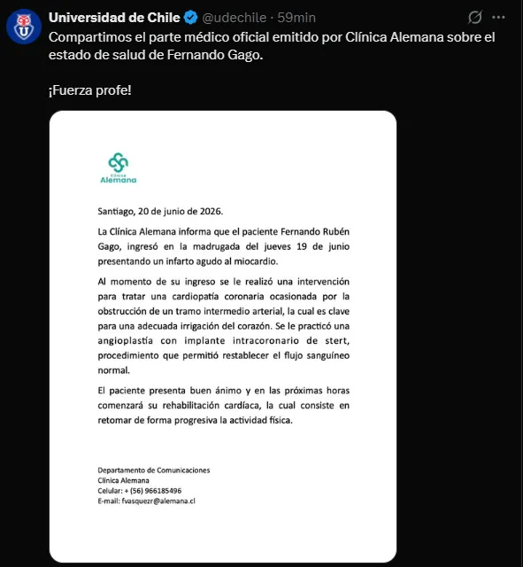 El comunicado de Universidad de Chile por Gago. (Captura)
