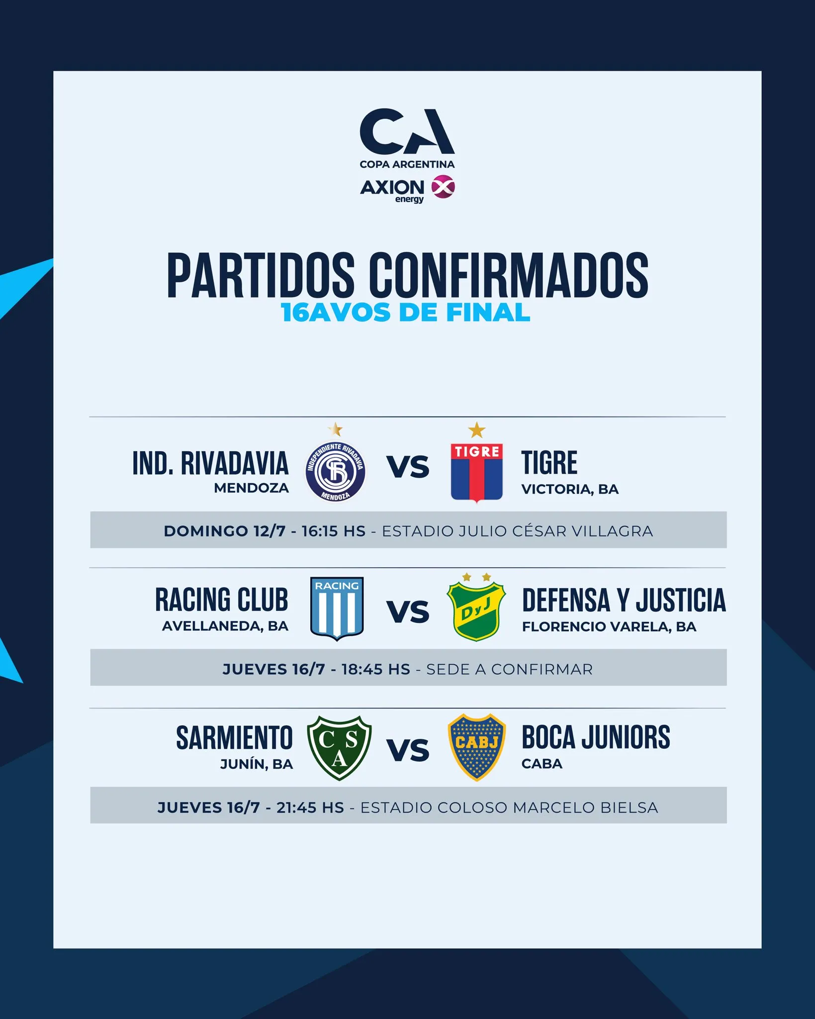 Boca vs. Sarmiento jugarán en Rosario. (Copa Argentina Oficial)