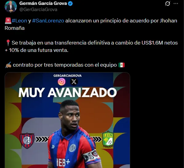 Romaña se irá de San Lorenzo a León por menos dinero del que ofrecía Boca. (Captura)
