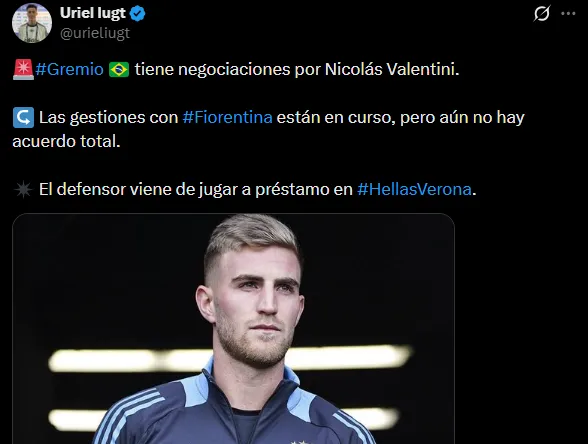 Valentini, cerca de jugar en Gremio. (Captura)
